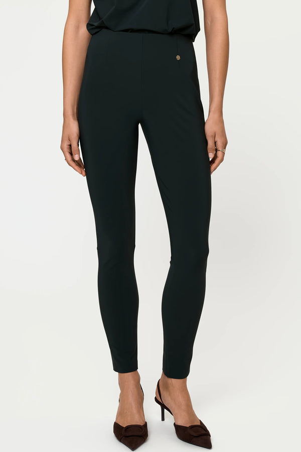 Women's ELLA stretch pants in forest green, front view showcasing a streamlined slim fit, ankle-length cut, and smooth pull-on design