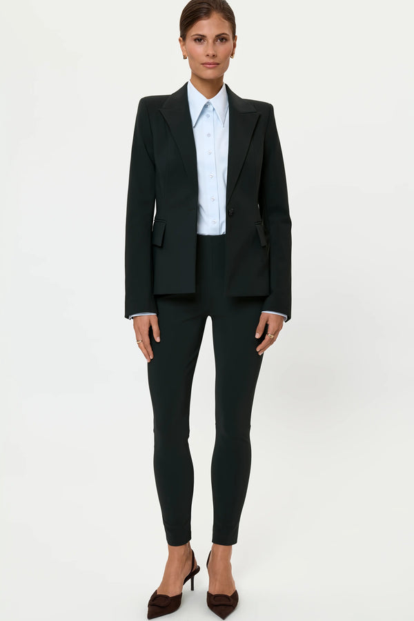 Women's TSUKASA blazer in forest green styled with an azur button-down shirt and ELLA stretch pants, featuring a tailored silhouette and structured lapels.