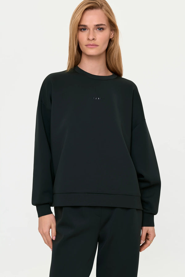 Women's forest green MERLIN oversized sweater, front view crew neck luxury knit top