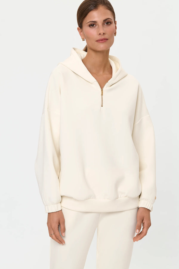 Women's cajo NARO sweatshirt featuring a hood, half-zip front and dropped shoulders