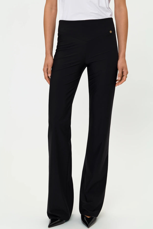 Women's LARIX black pull-on pants featuring a wide waistband, straight-leg silhouette, and comfortable stretch fit