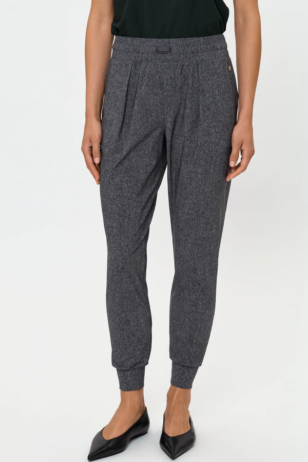 Women's STREGALUX mica grey jogger pants featuring a pull-on waistband, front pleats, and tapered leg silhouette