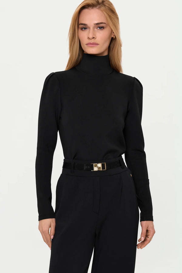 Close-up front view of black Lynnic high neck top featuring structured shoulders and fitted long sleeves